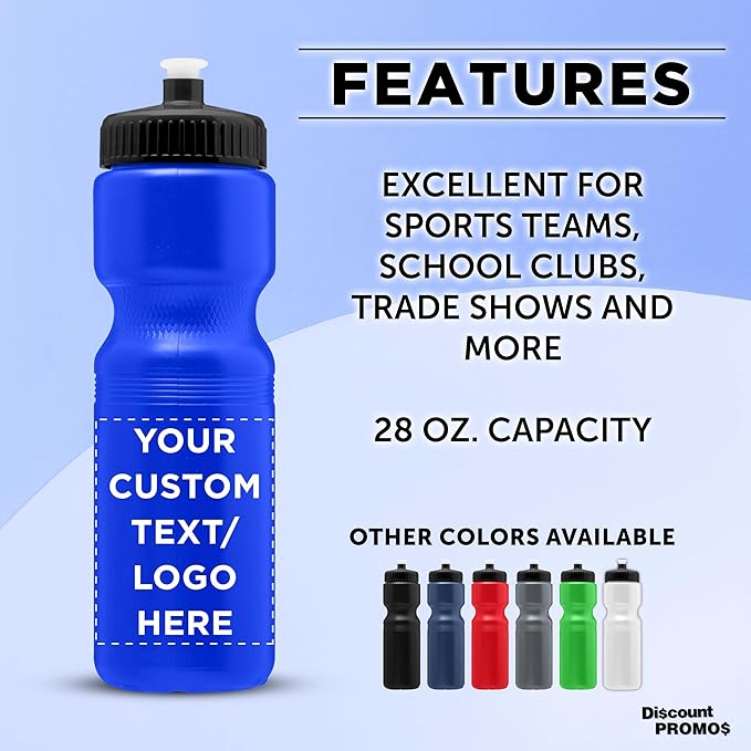 DISCOUNT PROMOS 28 oz. Custom Push Cap Plastic Water Bottles Set of 10/50/100, Personalized Bulk Pack - Perfect for Gym, Hiking, Camping, Outdoor Sports - Reflex Blue