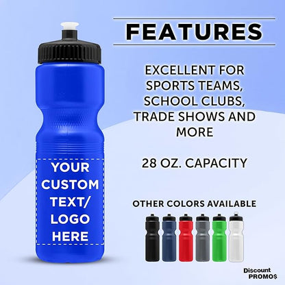 DISCOUNT PROMOS 28 oz. Custom Push Cap Plastic Water Bottles Set of 10/50/100, Personalized Bulk Pack - Perfect for Gym, Hiking, Camping, Outdoor Sports - Reflex Blue