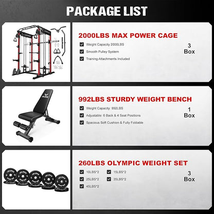 M21 Smith Machine, Multi-Function Power Cage with Dual Pulley Cable Crossover System, 2000LBS All-in-One Squat Rack with Smith Bar and Attachments for Home Gym Strength Training