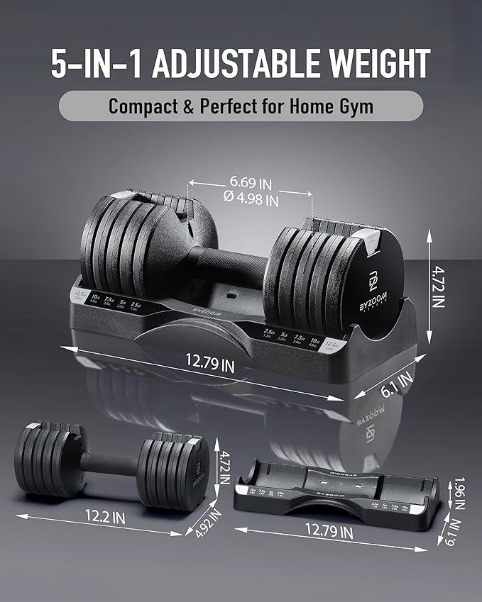 BYZOOM FITNESS Pure Series Adjustable Dumbbell - 12.5/25/27.5/75lb - ONE UNIT OR PAIR(check QTY before purchase) - 5-in-1/ 10-in-1 / 21-in-1 Flexible Hand Weights for Home Gym, Strength Training & Fitness Workouts, White OR Black