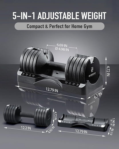 BYZOOM FITNESS Pure Series Adjustable Dumbbell - 12.5/25/27.5/75lb - ONE UNIT OR PAIR(check QTY before purchase) - 5-in-1/ 10-in-1 / 21-in-1 Flexible Hand Weights for Home Gym, Strength Training & Fitness Workouts, White OR Black