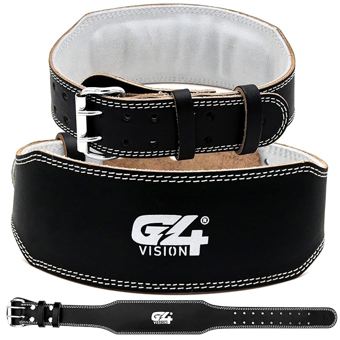 G4 Vision Genuine Leather Adjustable Weightlifting Belt 4 Gym Fitness Bodybuilding Powerlifting Deadlifting Thrusters Back Support Heavy Workout (Small, Black)