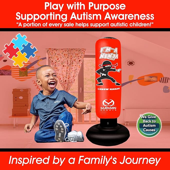 Marwan Sports Punching Bag for Kids with Boxing Gloves Ages 4-12 – 63" Inflatable Boxing Bag for Kids, Fast Rebound Set, Christmas & Birthday Gift for Boys & Girls
