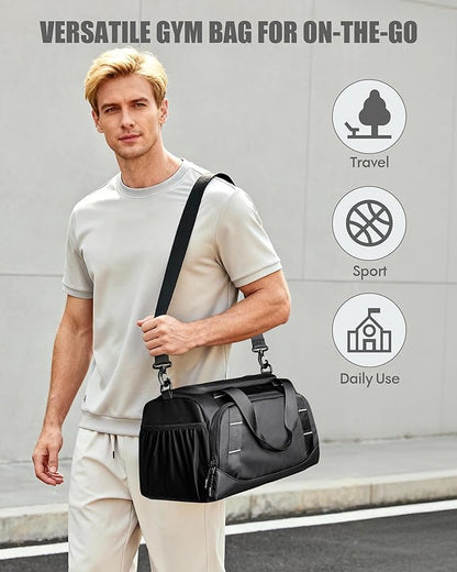 Small Gym Bag for Men, Travel Duffle Bag with Shoe Compartment, 16L Carry On Weekender Duffel Bag for Sports, Workout and Travel, Black