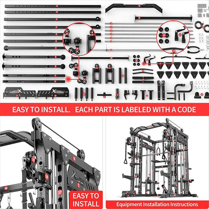 Multi-Purpose Squat Rack,Smith Machine Weight Rack Set with Cable Crossover System, Home Gym Power Racks, Power Racks and Packages