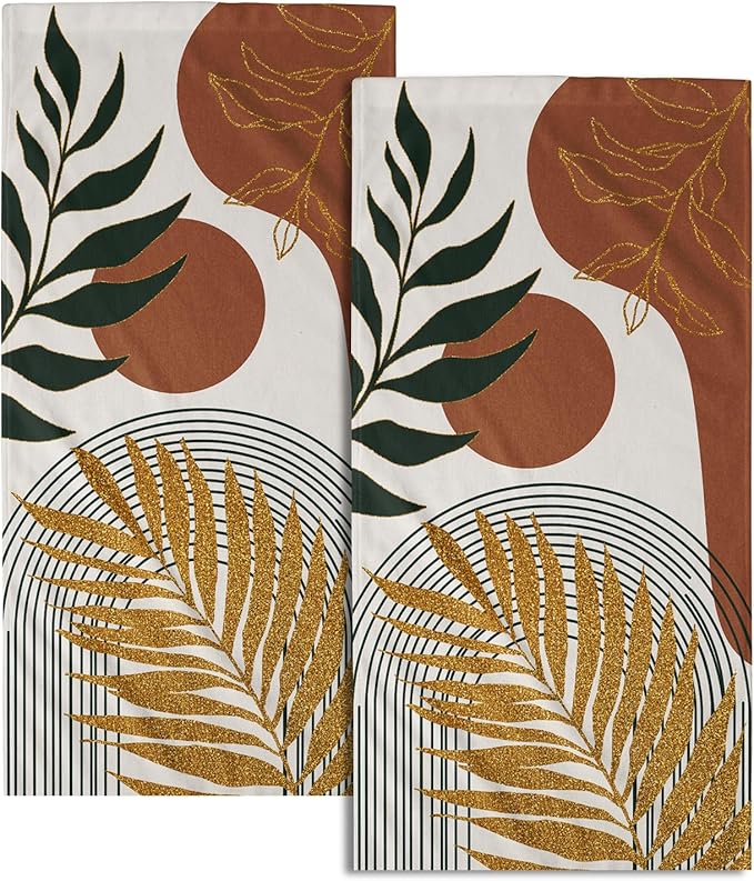Boho Leaves Kitchen Towels Decorative Set Mid Century Golden Leaf Hand Towels Abstract Modern Sun Minimalist Arch Curve Geometric Boemian Soft Absorbent Drying Tea Towel for Home Yoga Gym Bathroom