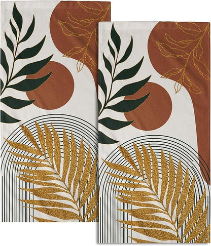 Boho Leaves Kitchen Towels Decorative Set Mid Century Golden Leaf Hand Towels Abstract Modern Sun Minimalist Arch Curve Geometric Boemian Soft Absorbent Drying Tea Towel for Home Yoga Gym Bathroom