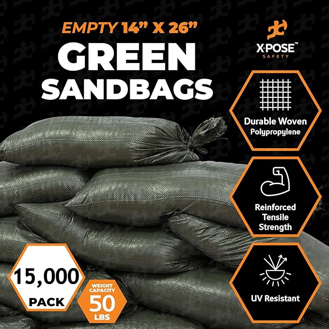 Xpose Safety Heavy Duty Sand Bags with Tie Strings – Empty Woven Polypropylene Sandbags for Hurricane Flood Protection, 50 lb Capacity, 14" x 26", Green, Bulk Full Pallet Pack of 15000