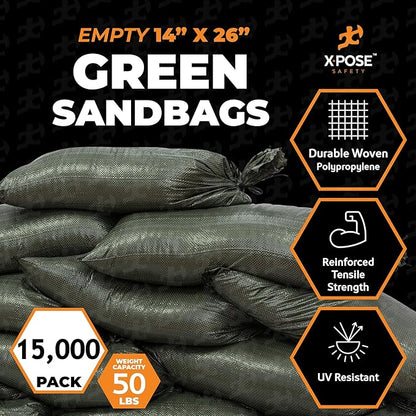 Xpose Safety Heavy Duty Sand Bags with Tie Strings – Empty Woven Polypropylene Sandbags for Hurricane Flood Protection, 50 lb Capacity, 14" x 26", Green, Bulk Full Pallet Pack of 15000