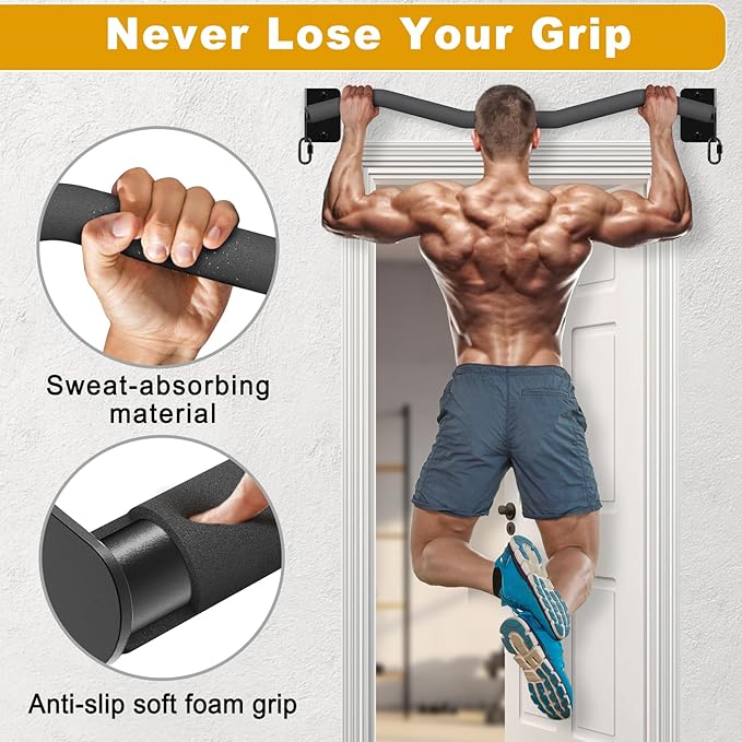Kipika Wall Mounted Pull Up Bar - Heavy Duty 450 LB Capacity Doorway Chin Up Bar for Home Gym, Sturdy Steel Construction with Resistance Band Hooks | Hanging Exercise Bar for Full Body Workout