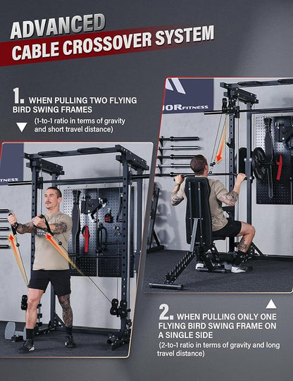 MAJOR FITNESS Drone3 Smith Machine, 2500lbs All-in-One Home Gym Power Rack with Dual Pulley System for Cable Crossover, Pull-Up Bars