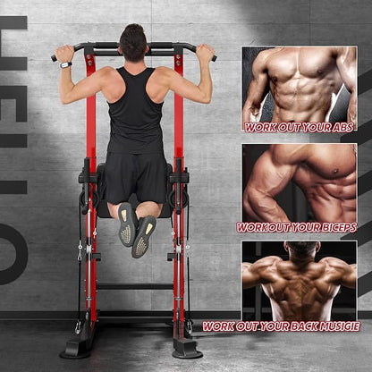 DlandHome Power Tower, Height Adjustable Pull Up Bar Dip Station with Assisted Pad, Multi-Function Home Gym Strength Training Fitness Equipment 330LBS, Red