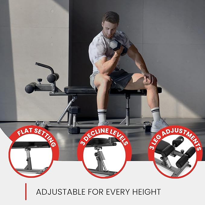 Finer Form Semi-Commercial Decline Sit Up and Flat Weight Bench. Adjustable Fitness Equipment and Exercise Bench for Abs, Crunches, and Strength Training. Great Workout Equipment for the Home Gym.
