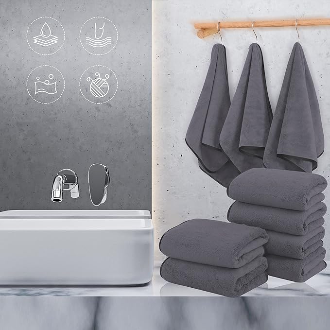 TENSTARS Silk Hemming Hand Towels for Bathroom - Quick Drying - Ultra Soft Microfiber Absorbent Towel for Bath Fitness, Gym, Shower, Hotel, and Spa - 16x28 Inch | Set of 6, Dark Grey