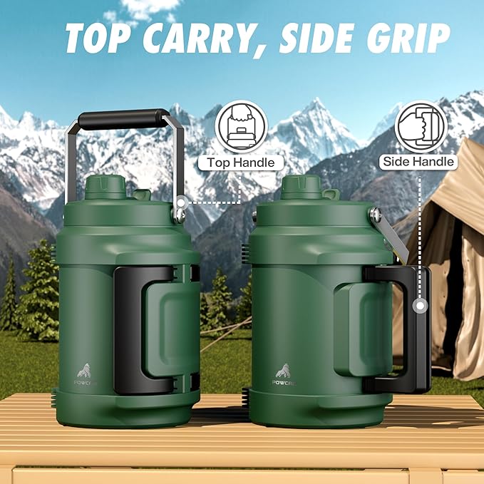 64oz Insulated Water Bottle for Outdoors: 2-in-1 Straw Spout Lid, Dual Handle, Leakproof, Keep Cold 48H, Half Gallon Stainless Steel Water Jug for Sports, Camping, Gym, Work, Beach, Fishing (Forest)