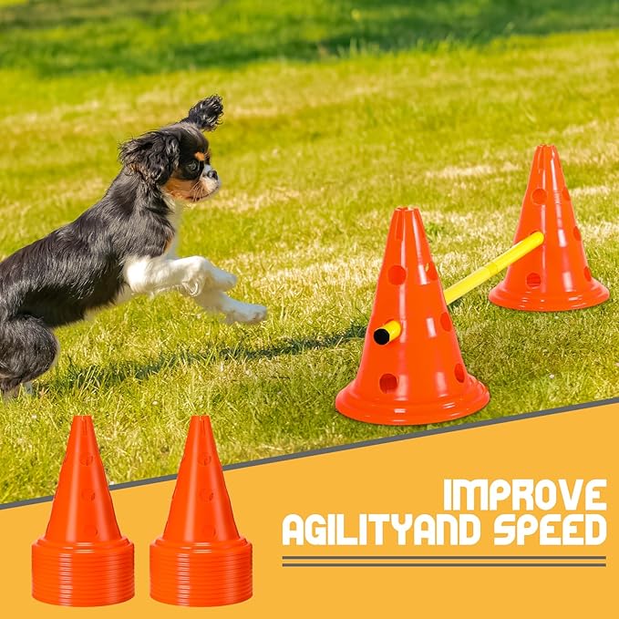 Dog Agility Hurdle Cone Set Dog Agility Course Backyard Set with Height Adjustable Include 12 Cones 6 Rods Training Equipment for Pet Obstacle Course Outdoor Games(Orange, Yellow)