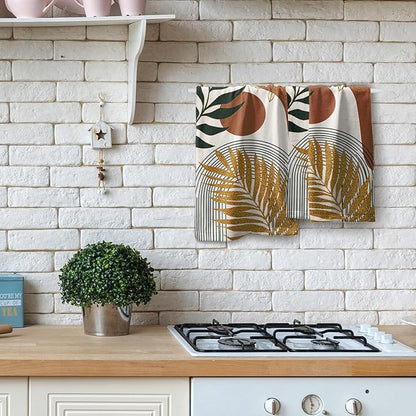 Boho Leaves Kitchen Towels Decorative Set Mid Century Golden Leaf Hand Towels Abstract Modern Sun Minimalist Arch Curve Geometric Boemian Soft Absorbent Drying Tea Towel for Home Yoga Gym Bathroom