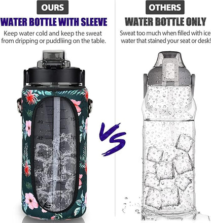 Half Gallon Water Bottle with Sleeve, 64OZ Motivational Water Bottle with Straw & Time Marker, BPA Free Leakproof Large Sports Water Bottle, Reusable Water Jug for Workout Gym Sport