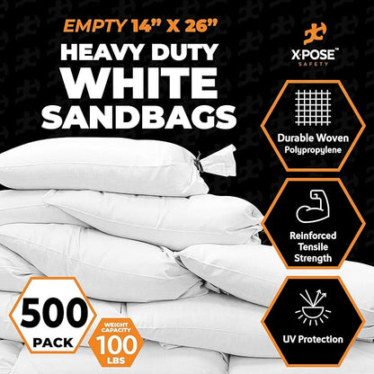 Xpose Safety Heavy Duty Sand Bags with Tie Strings – Empty Woven Polypropylene Sandbags for Hurricane Flood Protection, 100 lb Capacity, 14" x 26", White, Pack of 500