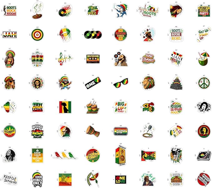 100Pcs Reggae Stickers and Decals for Adults for Water Bottle & Laptops - Rasta Stickers, Jamaica Band Decals - Bob the King of Reggae Gifts for Men & Women