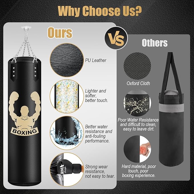 4FT Hanging Punching Bag for Adults, Super PU Leather Boxing Training Equipment Heavy Bag with 12OZ MMA Gloves, Unfilled Kicking Bag Boxing Set for Training Karate Kickboxing Muay Thai