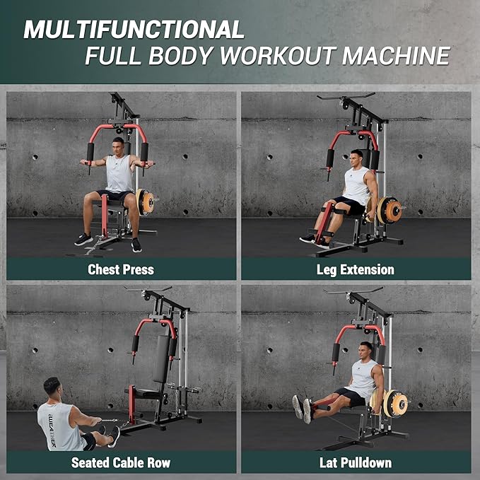 Multifunctional Home Gym Equipment - 300LB Capacity All-in-one Workout Station with Cable Pulley System, LAT Pulldown, Chest Press & Leg Extension for Full Body Strength Training