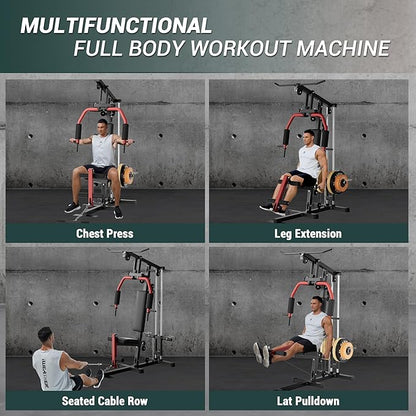 Multifunctional Home Gym Equipment - 300LB Capacity All-in-one Workout Station with Cable Pulley System, LAT Pulldown, Chest Press & Leg Extension for Full Body Strength Training