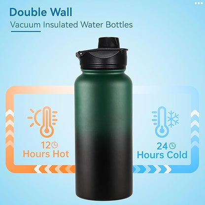 VEGOND 32 oz Insulated Water Bottle Stainless Steel Metal Water Bottles with Leak Proof Straw Lid & Spout Lid, Wide Mouth Double Walled Vacuum Travel Sports Bottle, Dark Green Black