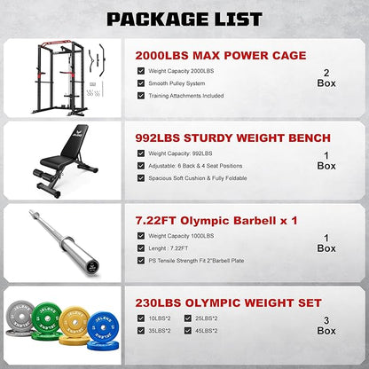 S11 Power Cage, 2000LB Multi-Function Power Rack with LAT Pulldown, Squat Rack with Adjustable Pulley System and Training Attachments, Weight Rack for Home Gym