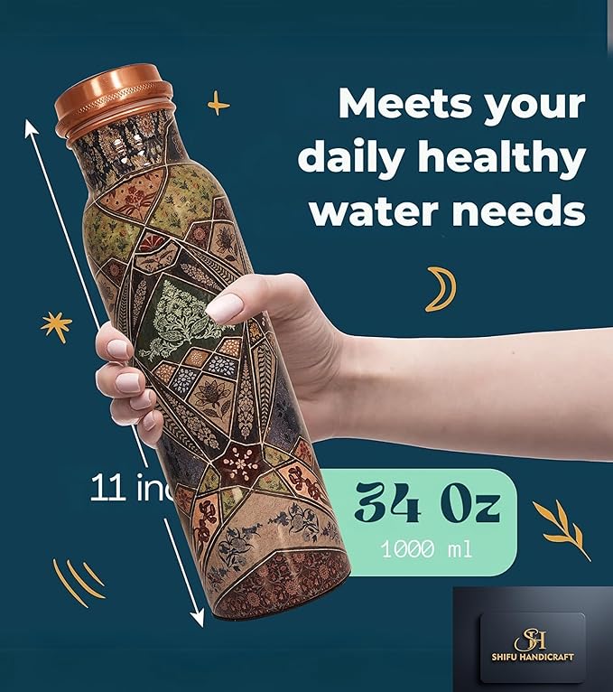 Copper Water Bottle 34 Oz Large Copper Water Bottle For Drinking 100% Pure Ayurvedic Multicolor Vessel For Leak-Proof Lid Bottle for Yoga, Gym, Office, Home & Travel