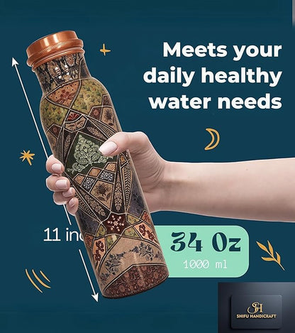 Copper Water Bottle 34 Oz Large Copper Water Bottle For Drinking 100% Pure Ayurvedic Multicolor Vessel For Leak-Proof Lid Bottle for Yoga, Gym, Office, Home & Travel