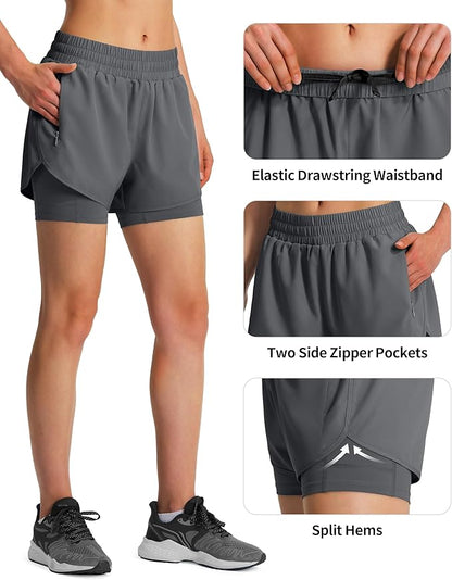 Ksmien Women's 2 in 1 Running Shorts Quick Dry Athletic Gym Workout Shorts with Liner Phone Pockets