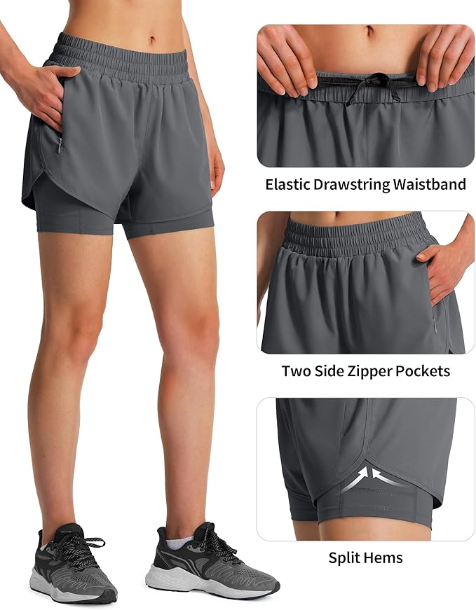 Ksmien Women's 2 in 1 Running Shorts Quick Dry Athletic Gym Workout Shorts with Liner Phone Pockets