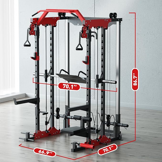 SNODE ALL10 Smith Machine for Home Gym, Power Rack with Cable Crossover, Squat Rack with Leg Press and Advanced LAT Pull-Down Seat, 2000LB Weight Capacity