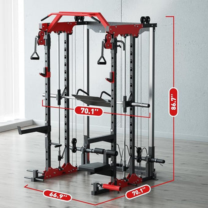 SNODE ALL10 Smith Machine for Home Gym, Power Rack with Cable Crossover, Squat Rack with Leg Press and Advanced LAT Pull-Down Seat, 2000LB Weight Capacity