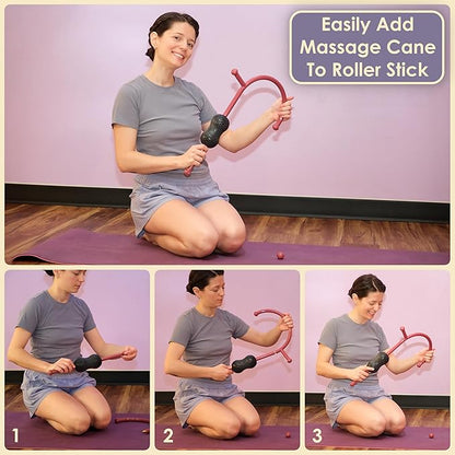 Roller Cane Massager | 2-in-1 Massage Roller Stick & Trigger Point Cane | Rubber Ball for Deep Tissue, Myofascial Release & Muscle Recovery (Red)
