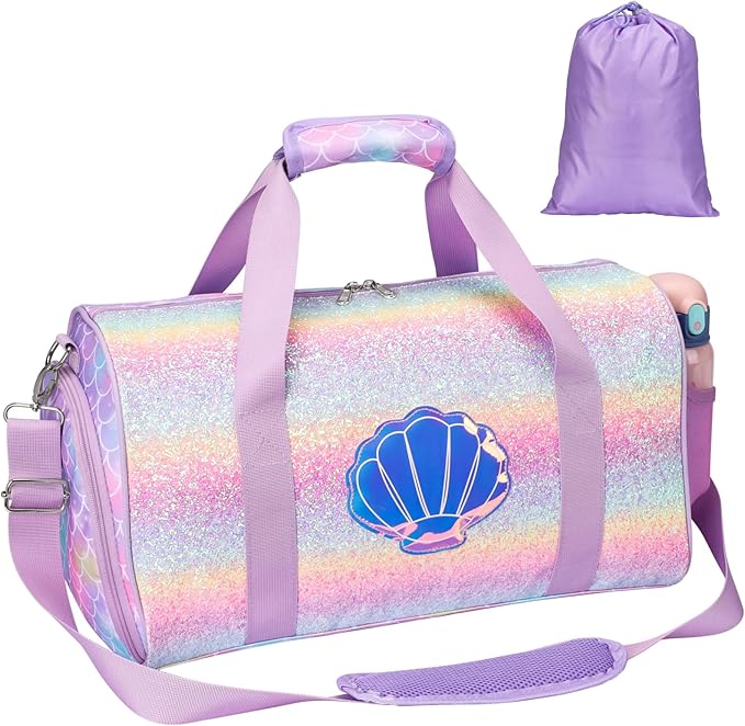 Bagseri Dance Bag for Girls - Kids Duffle with Shoe Compartment, Gymnastics Tote for Sleepover Travel with Water Resistant Wet Pocket (Glitter Mermaid, Purple)