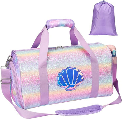 Bagseri Dance Bag for Girls - Kids Duffle with Shoe Compartment, Gymnastics Tote for Sleepover Travel with Water Resistant Wet Pocket (Glitter Mermaid, Purple)