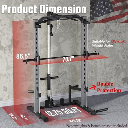 OPPSDECOR All-in-One Adjustable Smith Machine with LAT-Pull Down System Multi-Function Power Cage for Home Gym Cable Crossover Squat Rack of Workout Machine Training Equipment with Attachments
