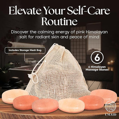 UMAID Himalayan Salt Massage Stones 6-Pack with Cotton Mesh Bag Hand-Carved Pink Crystal Spa Stones for Relaxation, Self-Care & Holiday Gifting