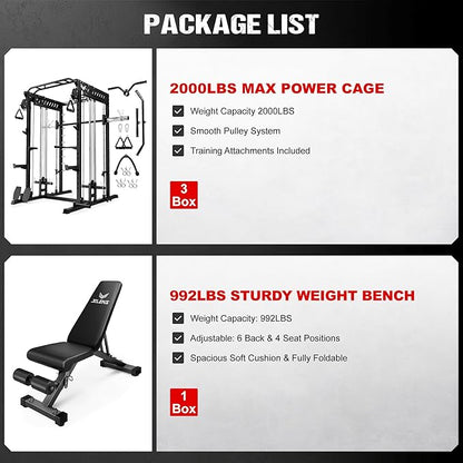 M21 Smith Machine, Multi-Function Power Cage with Dual Pulley Cable Crossover System, 2000LBS All-in-One Squat Rack with Smith Bar and Attachments for Home Gym Strength Training