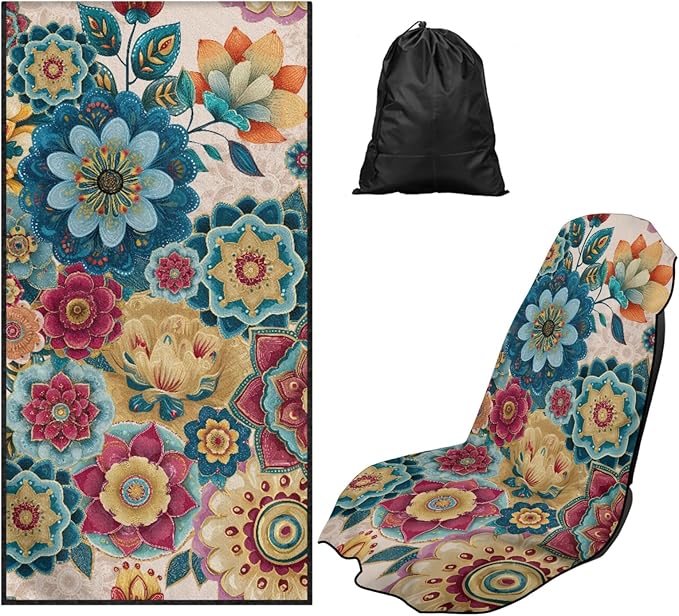 Bulopur Boho Mandala Beach Towel Soft Sand Free Sweatproof Car Seat Cover Towel for Yoga Mat Non-Slip Breathable Washable Sweat Towels Fits for SUV Sedan Truck