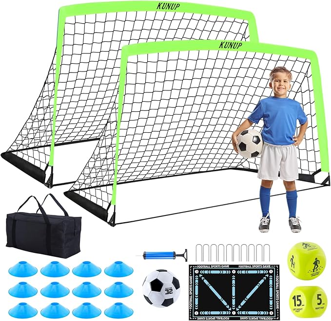 2 Set Kids Soccer Goals for Backyard with Training Equipment, Portable Foldable Practice Nets with Ball, Dice & Mat, Cones, Air Pump and Carry Bag for Toddler Youth Outdoor Sports Game