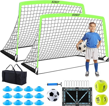 2 Set Kids Soccer Goals for Backyard with Training Equipment, Portable Foldable Practice Nets with Ball, Dice & Mat, Cones, Air Pump and Carry Bag for Toddler Youth Outdoor Sports Game