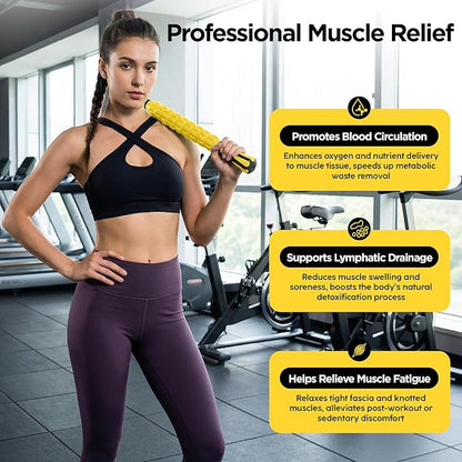 Muscle Roller & Massage Roller Stick for Athletes - Lymphatic Drainage Support, Relieves Muscle Soreness, Cramping & Tightness - Targets Legs, Arms, Back & Calves （Yellow）
