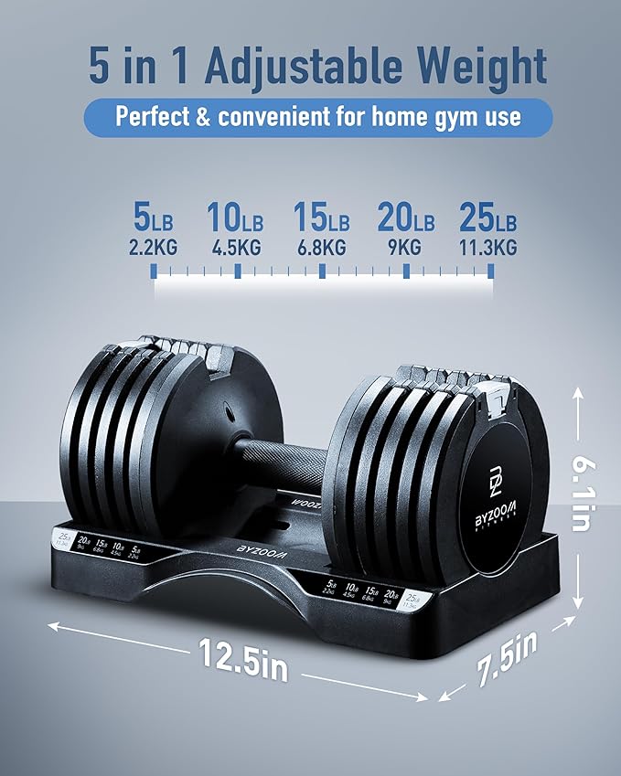 BYZOOM FITNESS Pure Series Adjustable Dumbbell - 12.5/25/27.5/75lb - ONE UNIT OR PAIR(check QTY before purchase) - 5-in-1/ 10-in-1 / 21-in-1 Flexible Hand Weights for Home Gym, Strength Training & Fitness Workouts, White OR Black