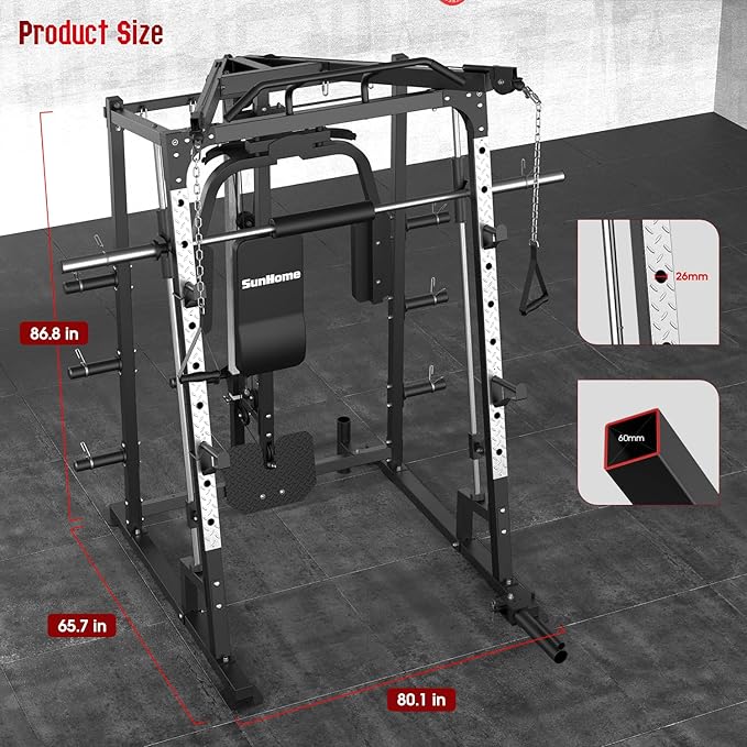 SunHome Smith Machine, Power Cage Squat Rack with Smith Bar, LAT Pull-Down Systems, Cable Crossover Machine and Cable Attachment for Home Gym