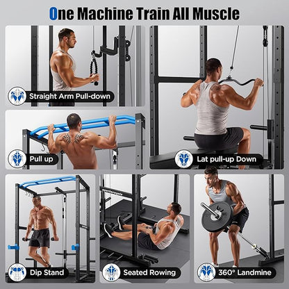 Sportsroyals Squat Rack, LAT Power Cage, Power Rack Multi-Function with Pulley System and Training Attachments for Home Gym
