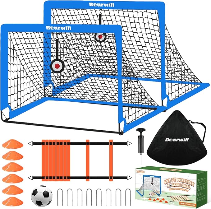 Bearwill Soccer Goal, Kids Soccer Goals for Backyard Set of 2, 4x3ft Portable Soccer Goal Pop Up Soccer Net, Kids Soccer Net Training Equipment with Soccer Ball, Ladder, Cones, Targets