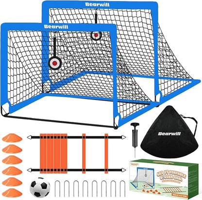 Bearwill Soccer Goal, Kids Soccer Goals for Backyard Set of 2, 4x3ft Portable Soccer Goal Pop Up Soccer Net, Kids Soccer Net Training Equipment with Soccer Ball, Ladder, Cones, Targets